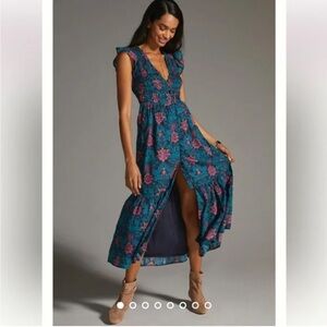 Anthropologie Teal and Magenta Floral Maxi Dress